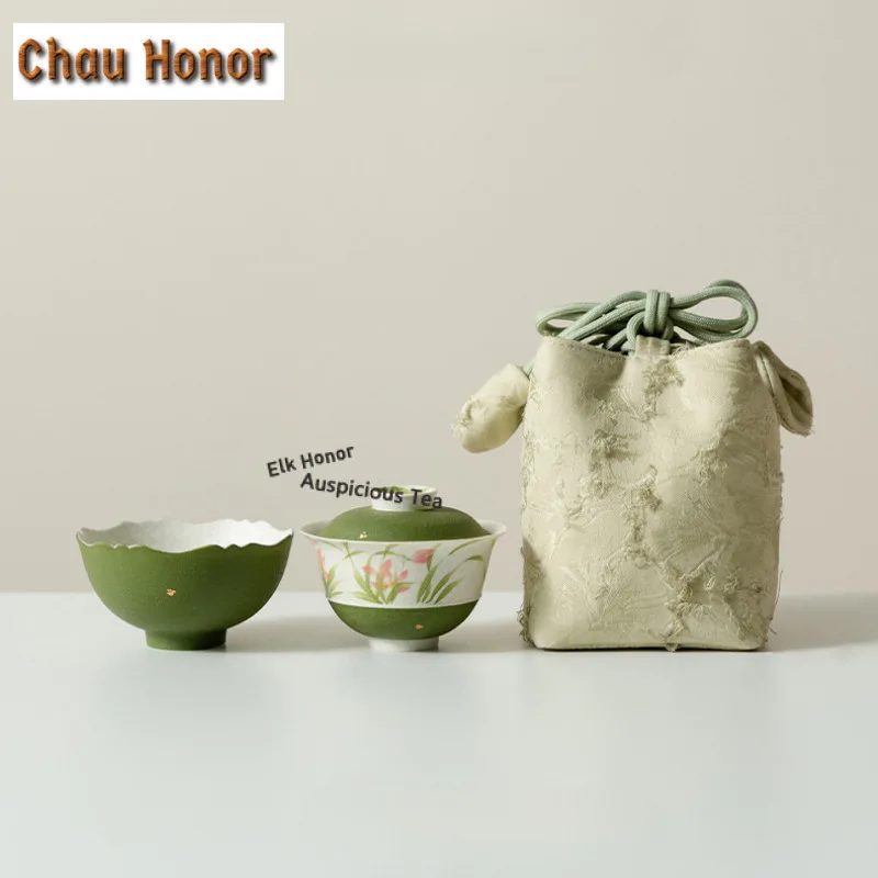 

Зеленые апельсины, посыпанные золотом, дорожный чайный сервиз, ретро, 1 горшок, 1 чашка, органайзер для приготовления чая, портативные уличные пакеты, украшение