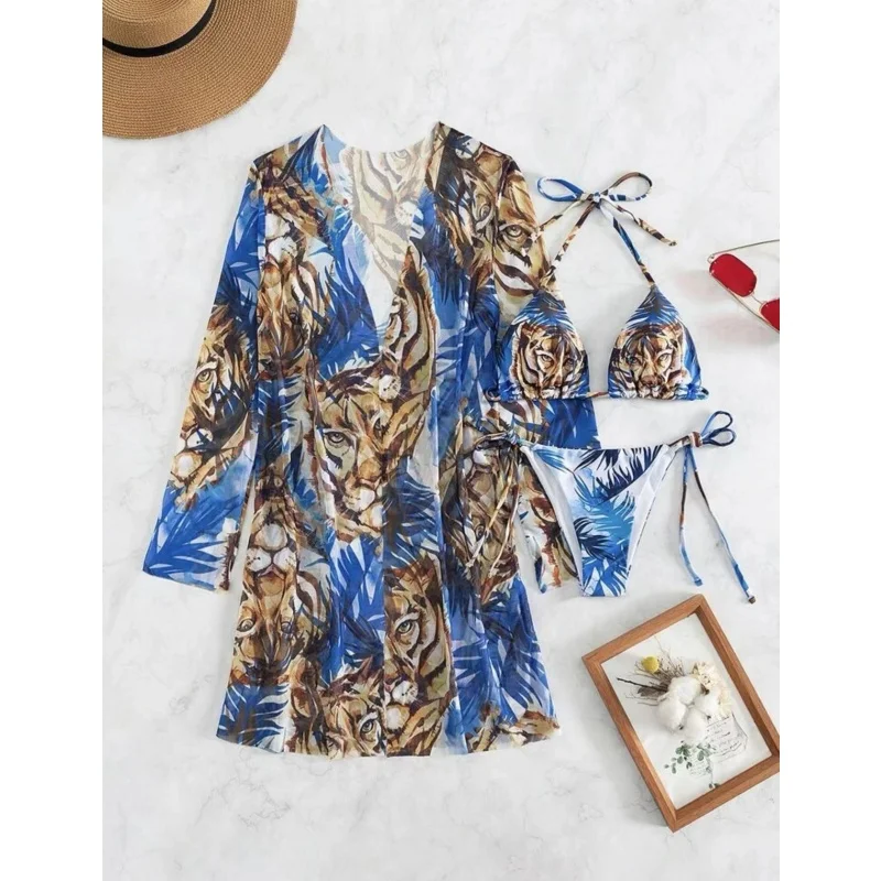 Print 3 Piece Bikini Set Women Swimsuit Sexy Split Triangle Lace Up Micro Bikini Mesh Cover Up 2025 New Beach Lady Bathing Suit