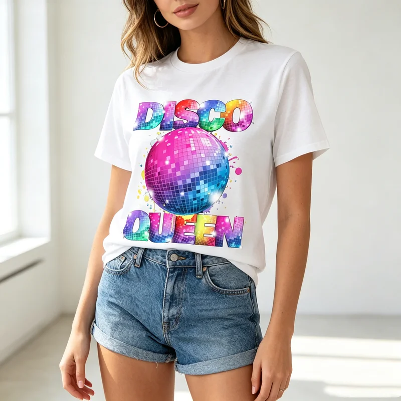Retro Disco Queen Tee Neon Dance Party Print Womens Cotton Short Sleeve Clubbing Unisex Gift  Y2k Oversized T Shirt