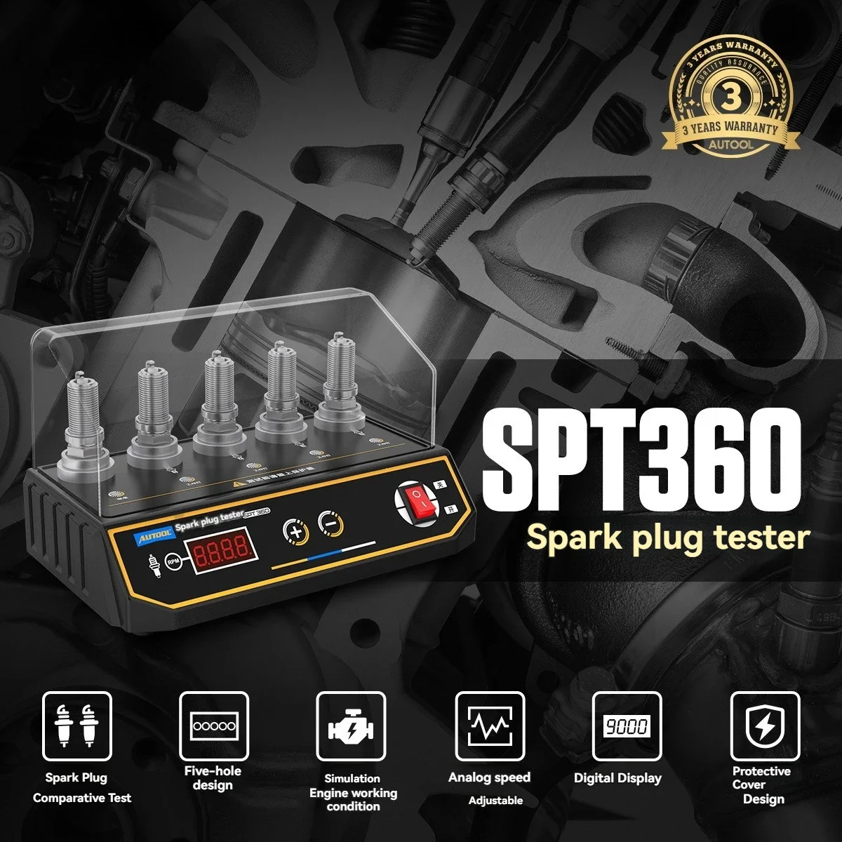 SPT360 Spark Plug Tester, 5-Hole Ignition System Analyzer, Adjustable 200-9000RPM Engine Condition Simulator with Digital Displa