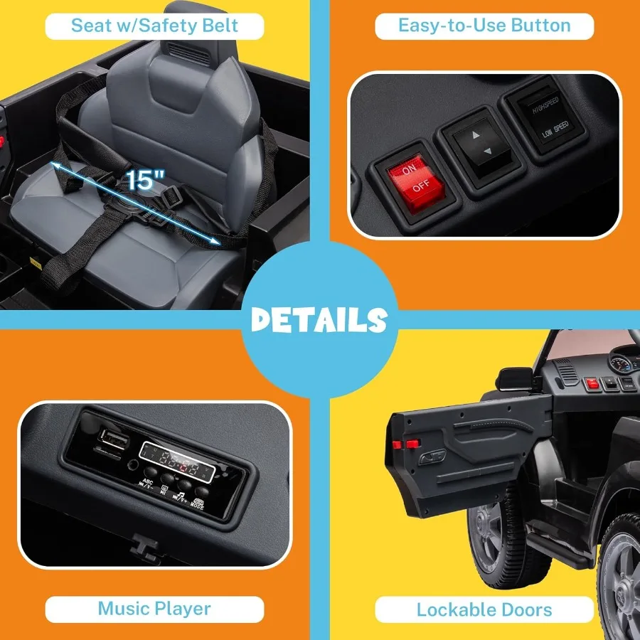 12V 7Ah Licensed Ride On Car Truck, Electric Car Ride On Toys w/Parent Remote Control, LED Llights, MP3 Music & Back Storage, Id