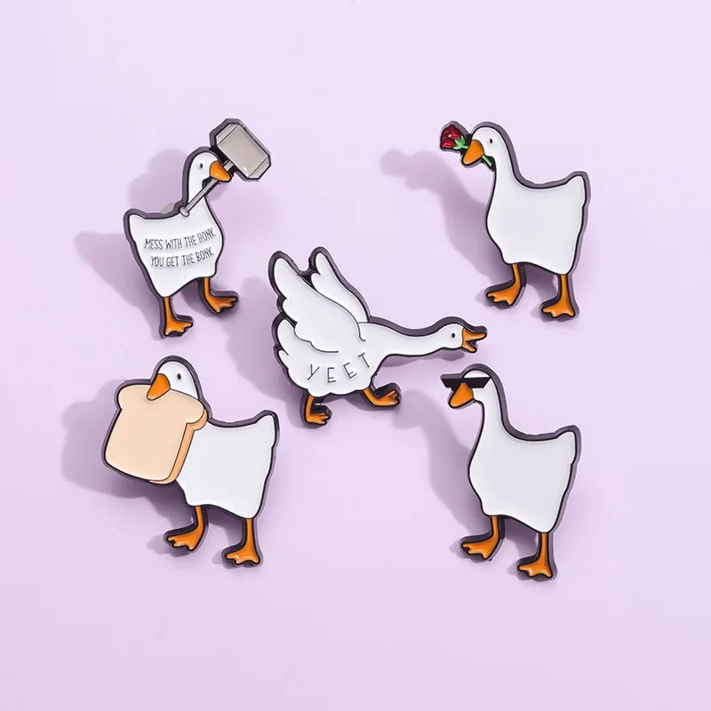 Cartoon Duckling Enamel Pins Holding Bread in His Mouth Rose Goose Wearing Sunglasses Brooches Fun Animals Jewelry Gifts