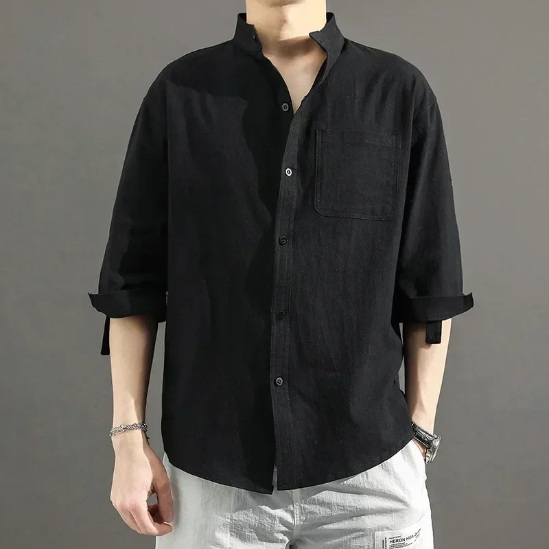 2024 Summer Japanese Casual Loose Stand Collar Cotton and Linen Shirt Men\'s Linen Shirt Three-quarter Sleeve Men Shirts