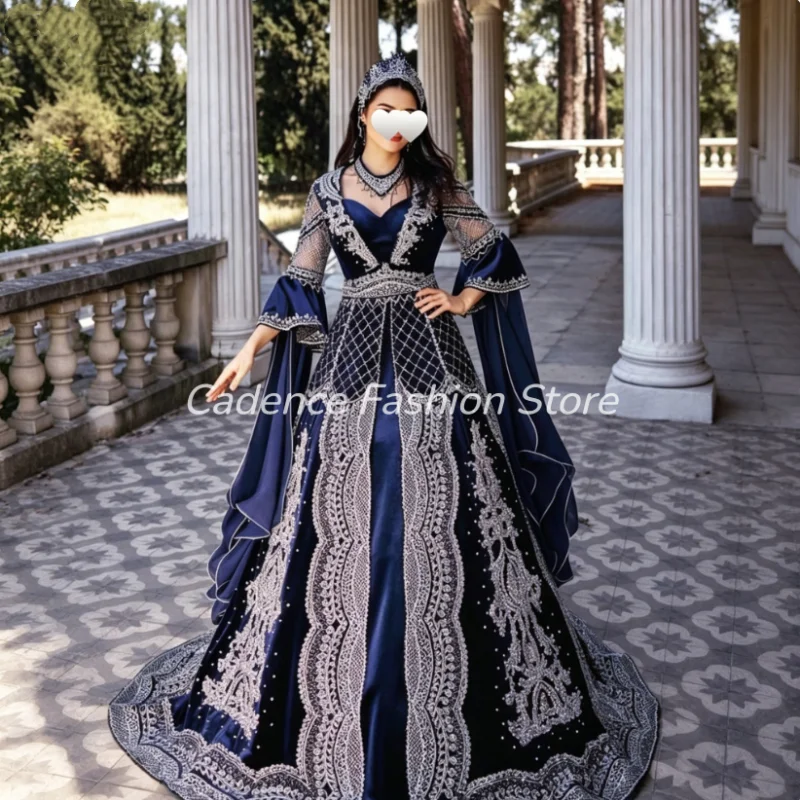 Royal Blue Velvet Albanian Bridal Dress Traditional V-neck Bell-Sleeve Silver Lace Embroidered Curacao Wedding Dress Custmized