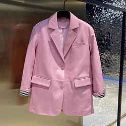 Mulheres Europeu Americano Chic Jaqueta de Couro, Solto Fit Terno Casaco, Flip Bolso Feminino, 2 Bottons Blazer Branco, Streetwear