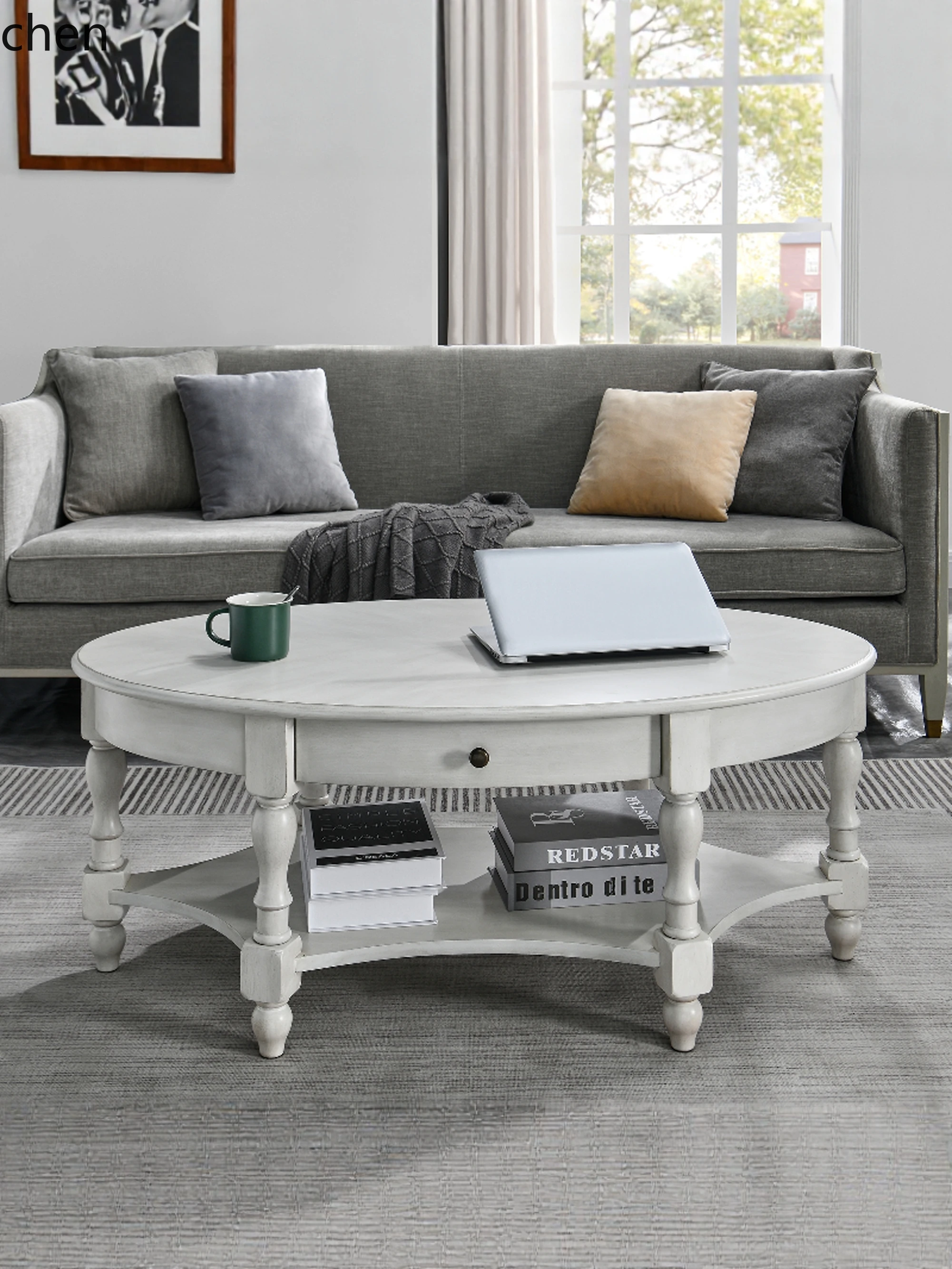 HT Solid Wood Coffee Table Oval Shape Living Room Double Layer with Drawer Rustic Coffee Table Vintage Distressed Tea Table