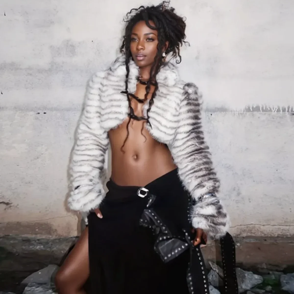 Shaggy  Faux Fur Short Jacket, White and Gray Striped Pattern Coat, Fashion Sexy Sweater
