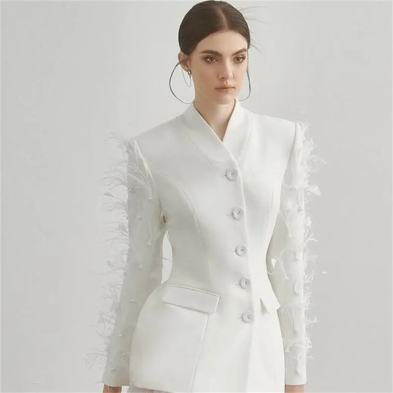 Set Rok Setelan Wanita Putih Bulu 2 Potong Blazer + Gaun Prom Tulle Tipis Jaket Wanita Kantor Formal Mantel Prom Pernikahan Kustom