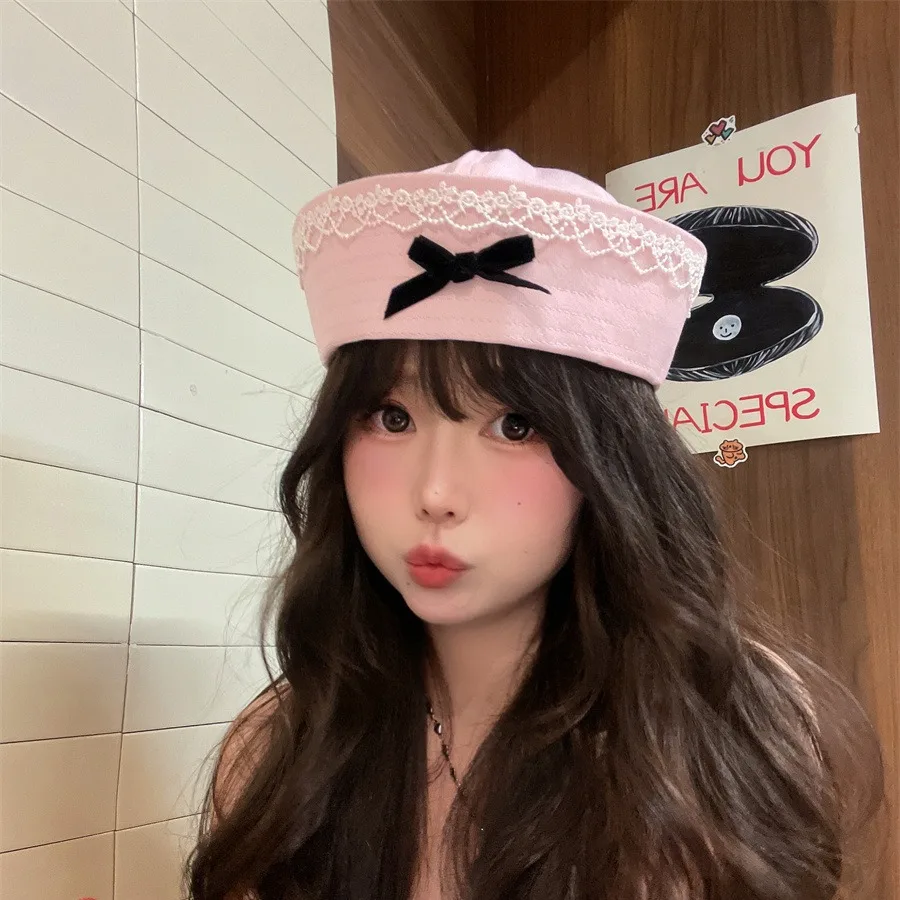 Girl's Cosplay Hats Bow Tied Beret JK Korean Version Sweet Style Caps Cute Korean Version Pink Beret Navy Hat Sailor Hat Summer