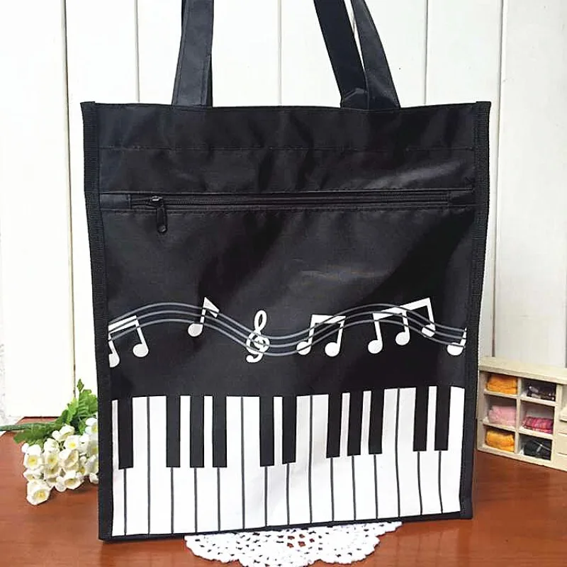 Music Note Piano Keyboard Print Tote Bag Unisex Waterproof Oxford Cloth Shoulder Bag Students School Bag Casual Shopping Handbag