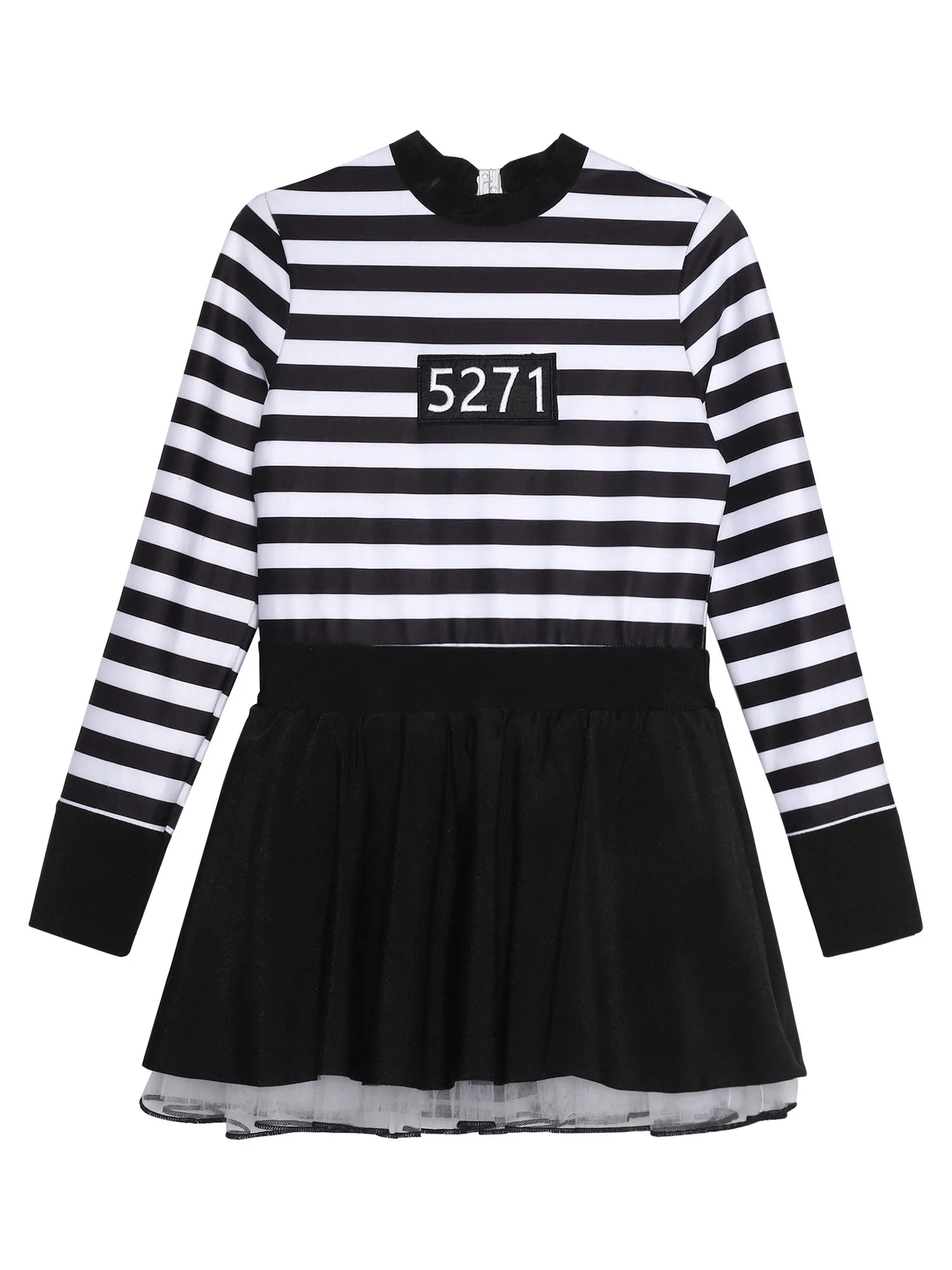 

Kids Girls Prisoner Costume Striped Puffy Dress Long Sleeve Ruffled Tutu Dress and Caps Convict Role Play Halloween Dress Outfit
