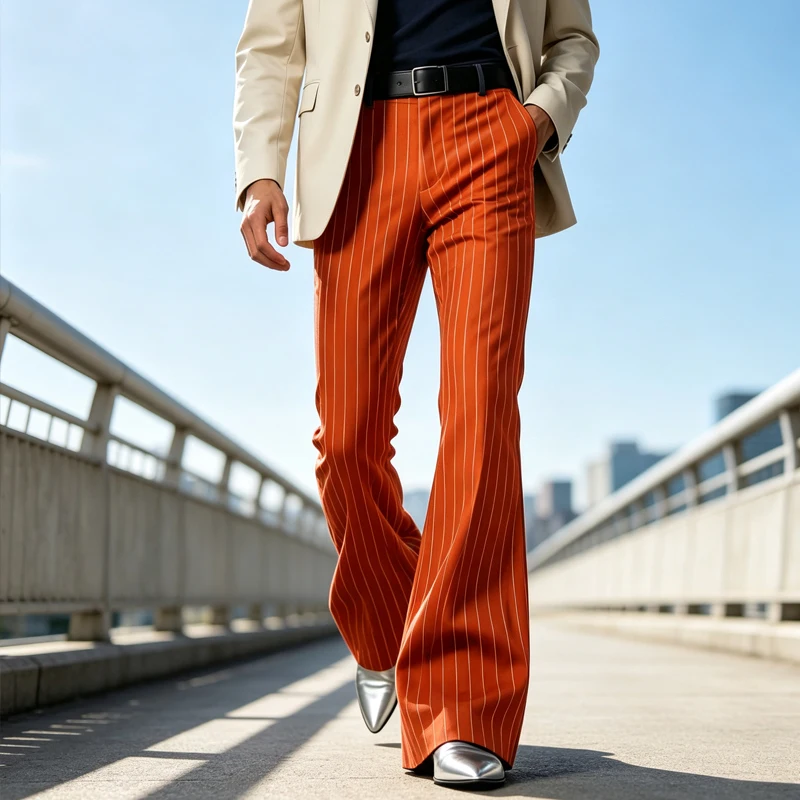 Men's Striped Flare Pants High Waist Slim Fit Wide Leg Bell Bottom Trousers Business Casual For Party Wedding Streetwear