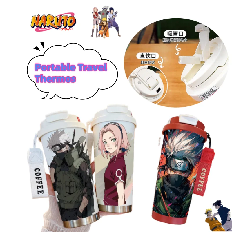 Neue NARUTO Haruno Sakura Uzumaki Naruto Uchiha Sasuke Edelstahl-Thermoskanne mit Hohem Farbwert, Tragbarer Doppelwandiger Kaffeebecher mit Strohhalm