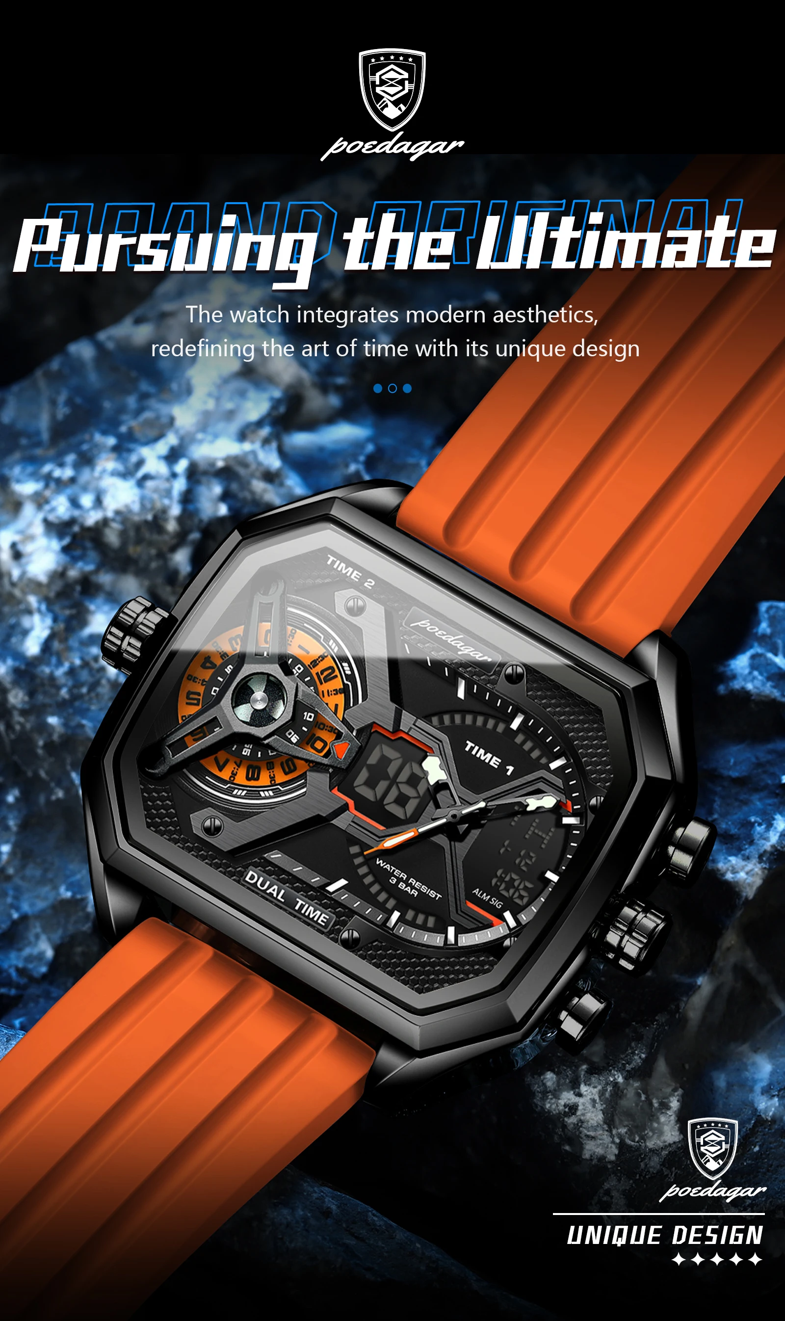 POEDAGAR Sport Männer Armbanduhren Datum Woche Leuchtende LED Mode Mann Uhr Silikon Armband Elektronische Dual Time Quarz herren Uhr – Detail 13
