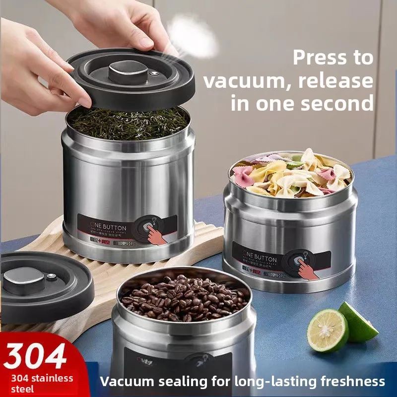 

Vacuum Sealed Stainless Steel 304 Coffee Powder Storage Container Press Type Tea Leaf Storage Jar Kitchen Organization Canister