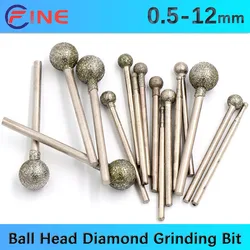 0.5-12Mm Sferische Kop Diamant Slijpen Bit Gecoate Gemonteerde Punten Ronde Bal Burs Grof Voor Steen Boor Metalen 2.35/3Mm Schacht