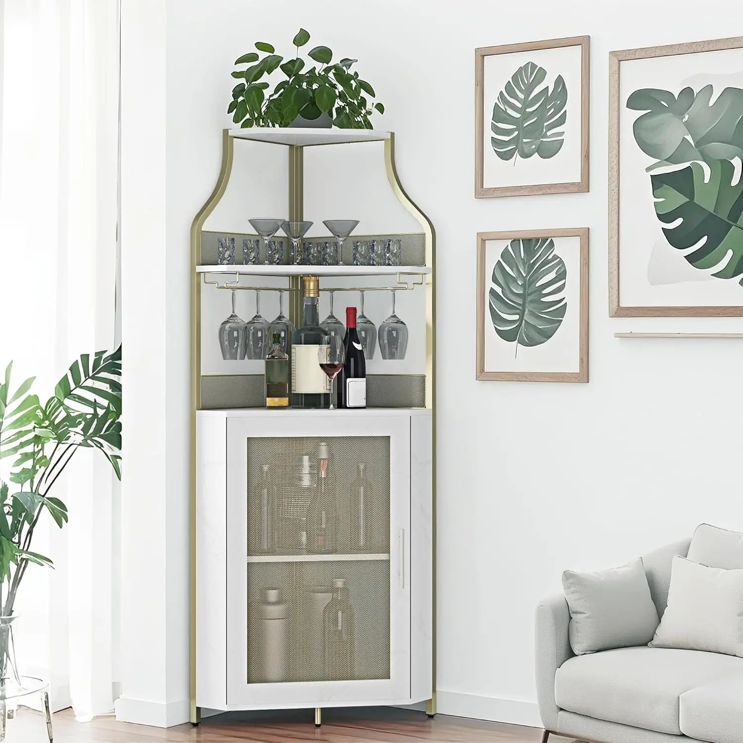 

5-Tier Corner Bar Cabinet with Glass Rack, Adjustable Shelves, Glass Doors & Baffle, Gold, Customized