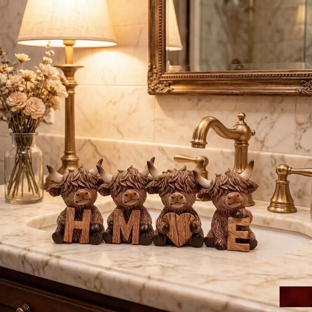 4-piece set, Highland cow ornaments, HOME letter style wooden Highland cow tabletop decoration, cow elf statue, suitable for living room, bedroom, fireplace mantel, and desk decoration
