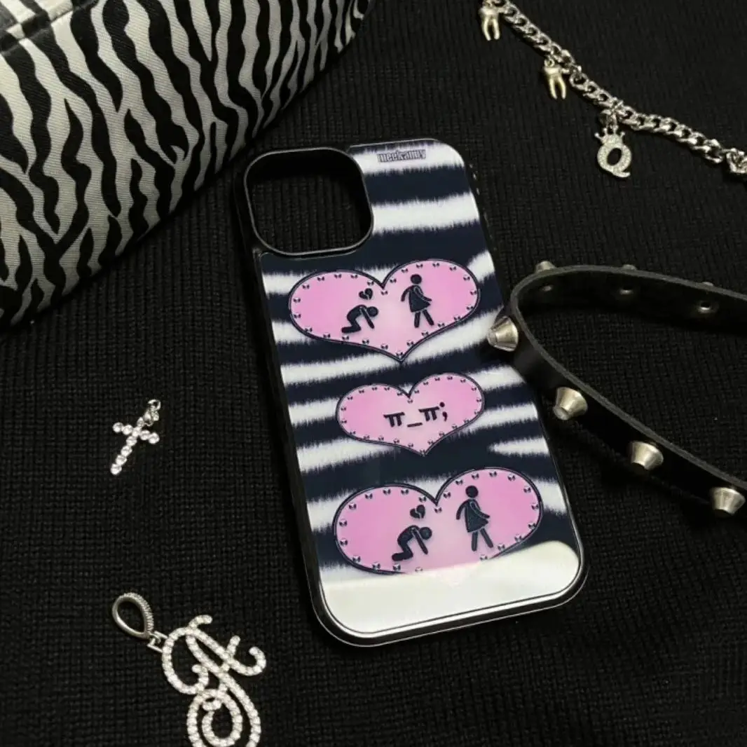 Niche Personality Ins Black and Pink Love Y2K Striped Phone Case For iPhone 17 Air 16 15 14 13 12 11 Pro Max Plus Cartoon Cover