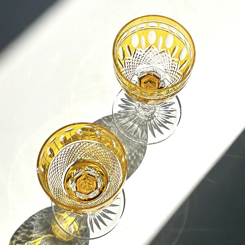 250 ml Handcrafts Yellow Cut Lotus Wine Glass Bohemia Hand Engraved Hock Goblet Classic Stemware