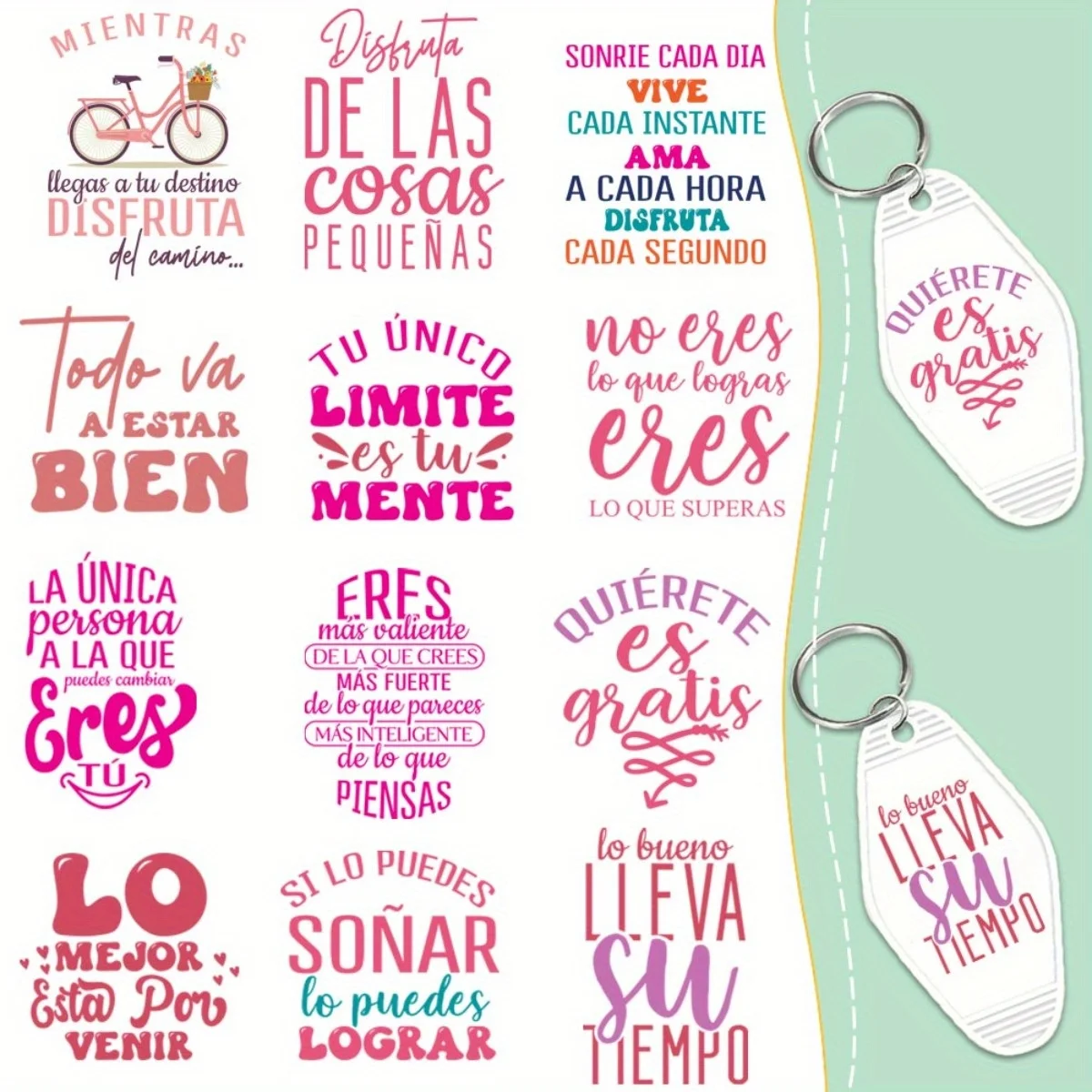 

60 Pieces Spanish inspirational quotes UV DTF Transfer Durable High Viscosity Adhesive DIY Crafts Office Supplies And Keychain