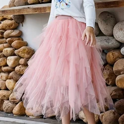 New Girls Fashion Tutu Tulle Skirt Summer Pink Sweet High Waist Pleated Long Skirt Children Casual Skirt