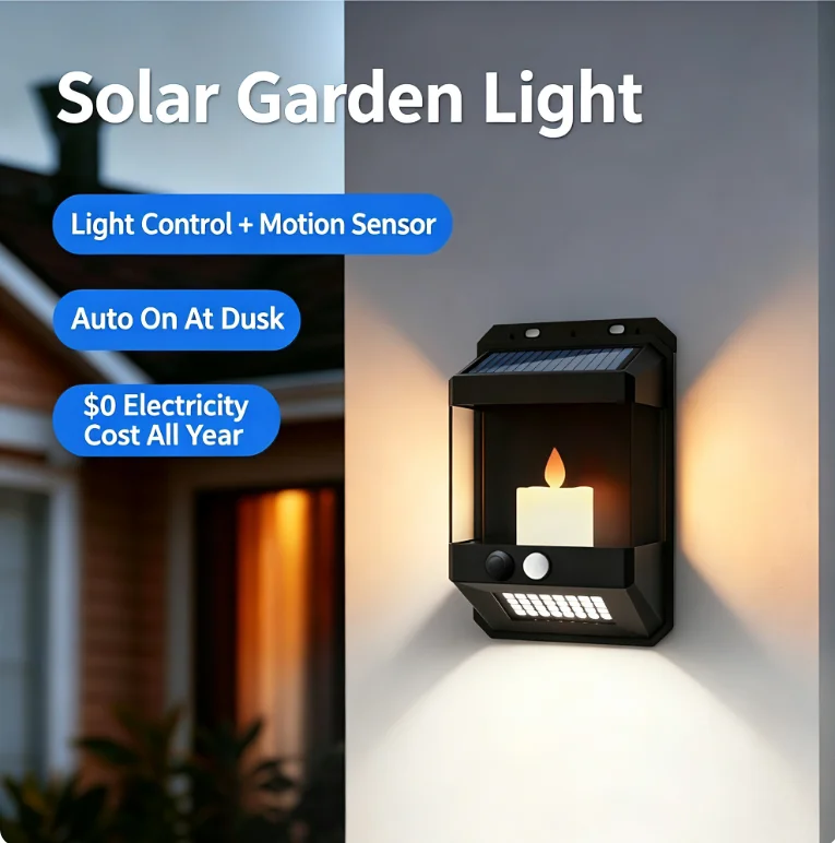 Solar Wall Light Motion Sensor  Waterproof,Candle Flame Effect Light‑Control Solar Lamp for Garden Yard Porch Security Lighting