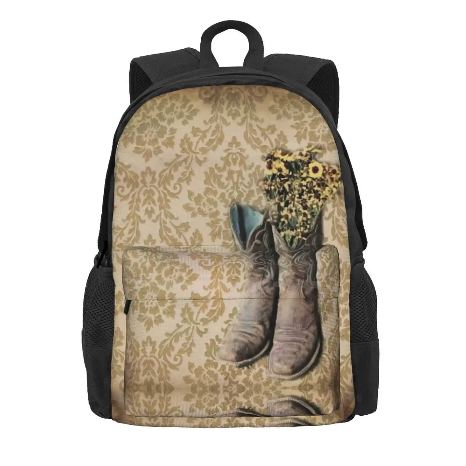 Primitive Wildflower Brown Damask Western Country Cowboy Boots Hot Sale Schoolbag Backpack Fashion Bags Cowboy Boots Cowgirl