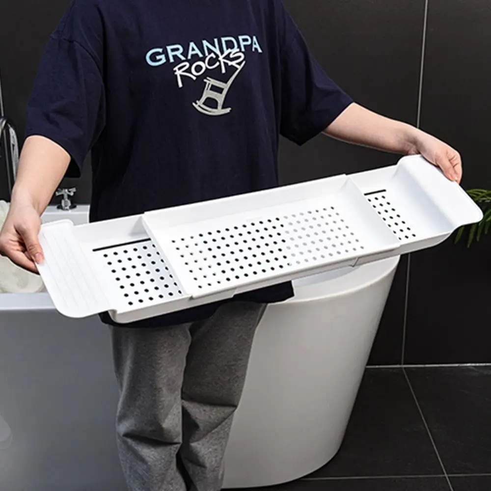 Anti-Slip Design Extendable Bathtub Rack Built-in Phone Holder Extendable Structure Adjustable Bathtub Tray Adjustable Length