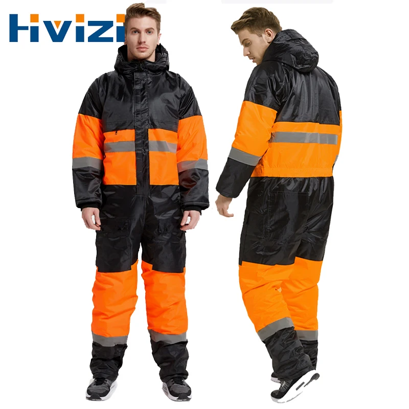 Winter Coveralls Men Waterproof Windproof Reflective Cotton Padded Hooded Coveralls Thicken Thermal Work Uniform Hi Vis Workwear