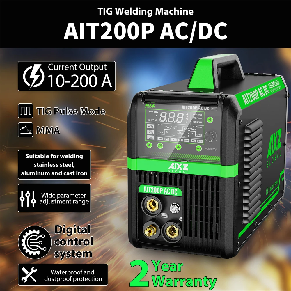 AIXZ TIG-Schweißgerät AIT200P AC/DC 220V 200A 5-in-1 ARC/MMA/Stick HF TIG IGBT Inverter-Schweißgerät für Edelstahl, Aluminium, Gusseisen, Argon, Präzises digitales Puls-TIG-Schweißgerät mit Fußpedal