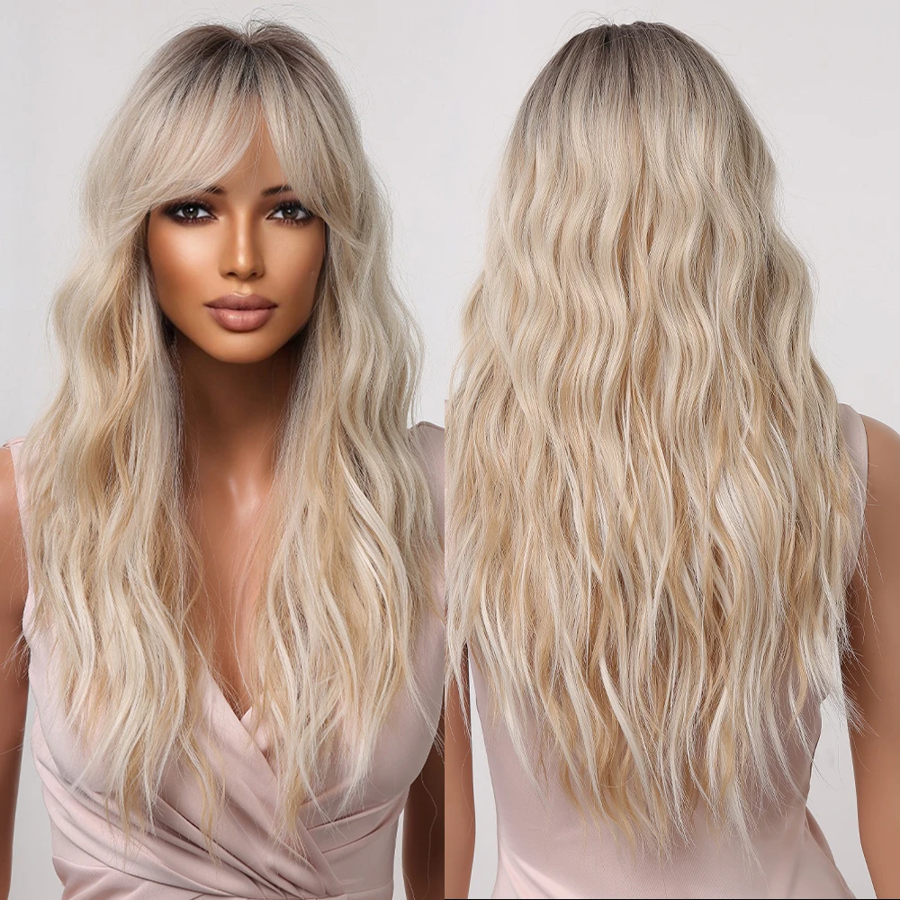 Long Blonde Platinum Wigs Natural Wavy Synthetic Wig for Women Afro Cosplay Party Wig Heat Resistant Long Culry Hiar With Bangs