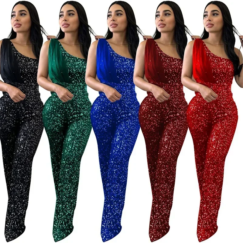 Elegante macacão de lantejoulas de um ombro para mulheres festa glitter sem mangas fita boate macacão de uma peça aniversário