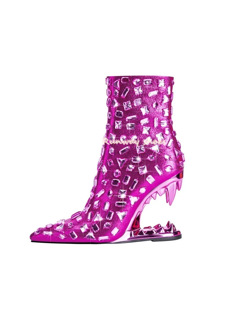

Rhinestone Decoration Odd-shaped Teeth Heel Rose Red Ankle Boots European Style Handmade Custom Style Luxury Women's Shoes