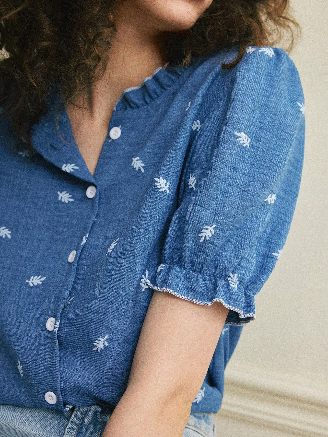 

Ruffled Collar Puff Sleeve Floral Print Casual Blue Women's Shirt