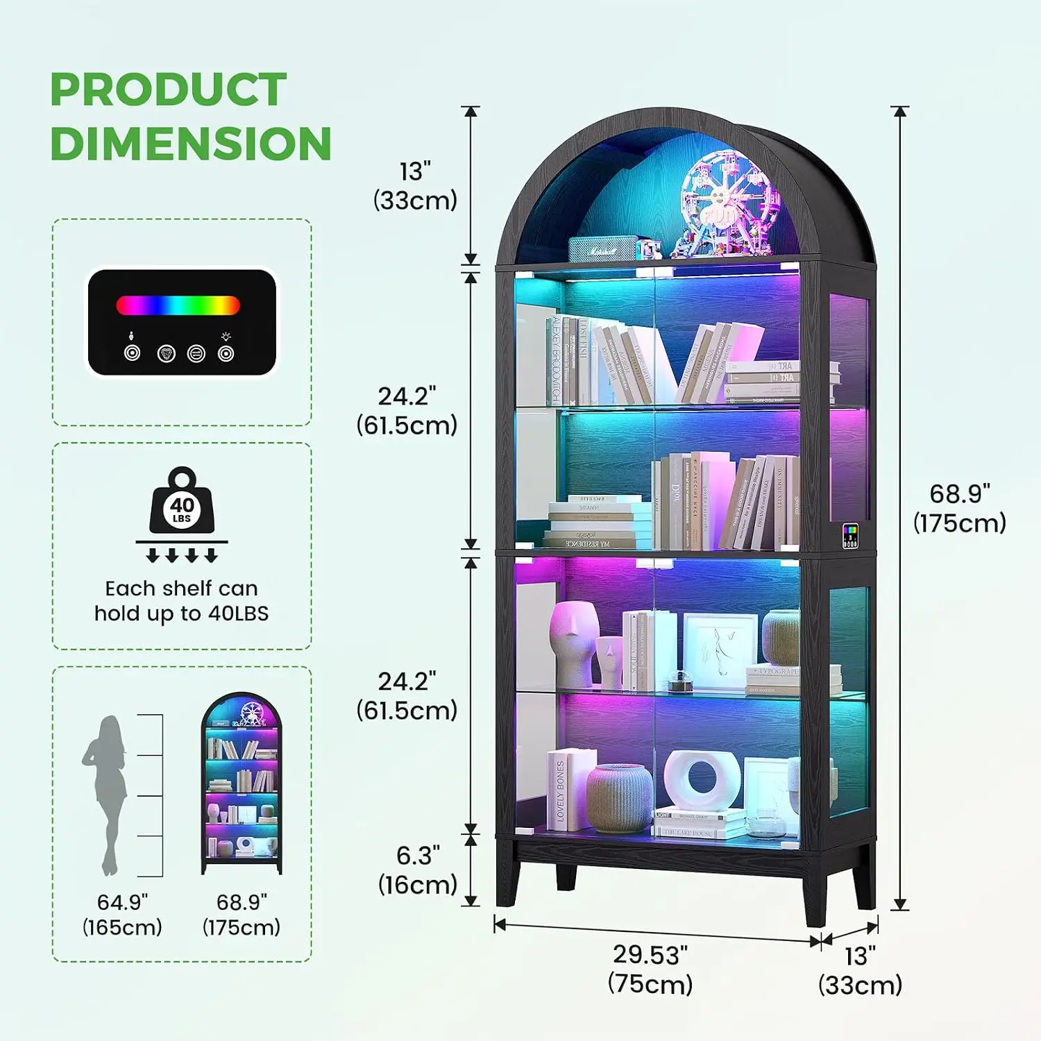 Arched Glass Display Cabinet RGB Dimmable LED Lights Black, Customized
