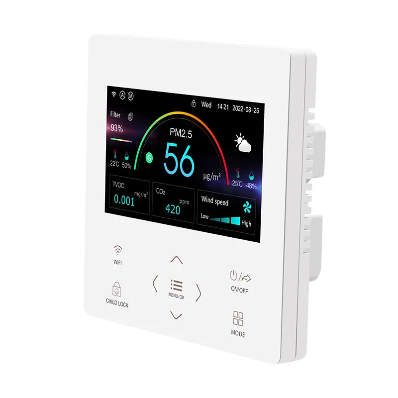 White LCD color screen VOC PM2.5 temperature and humidity WIFI Modbus RS485 fan controller