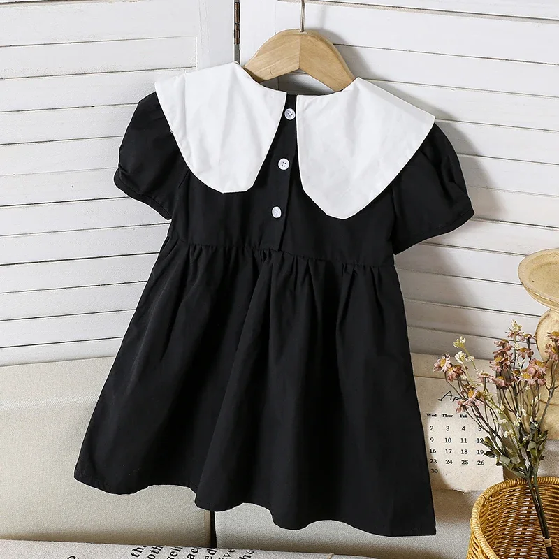 أطفال حفلة القوس Dress1-6Yrs طفل الفتيات فستان ملابس الرضع الصيف الأطفال التطريز زهرة دمية طوق فقاعة القطن الأسود