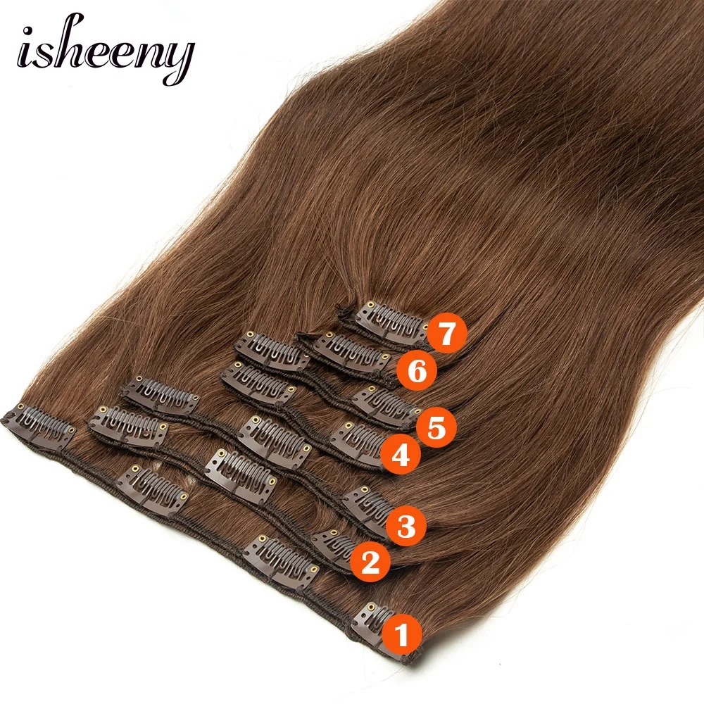 ISHEENY-クリップ付きの自然なヘアエクステンション,人間の髪の毛,茶色,12〜24インチ,50〜140g,7パーツのセット