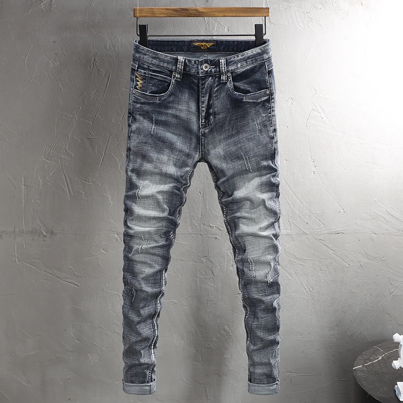 

Fashion Vintage Men Jeans High Quality Retro Gray Blue Elastic Slim Fit Ripped Jeans Men Embroidery Designer Denim Pants Hombre