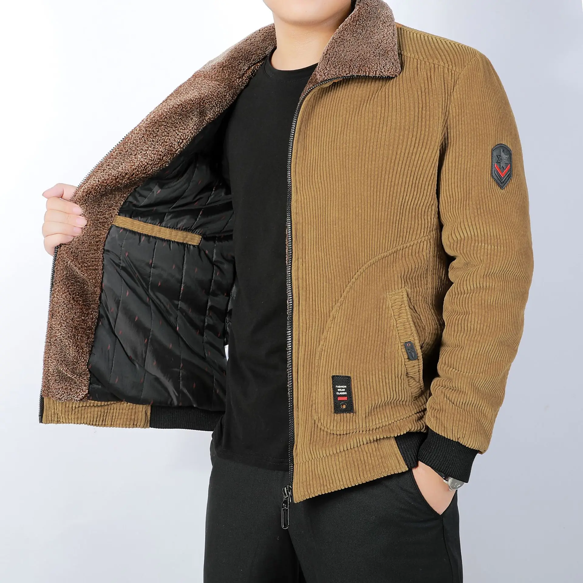 Men's Jacket Winter New Solid Colour Multi-pocket Corduroy Thickened Outdoor Travel Lapel Top Men's Short Cotton-padded Clothes