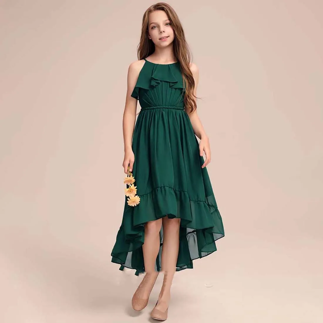 YZYmanualroom Chiffon Junior Bridesmaid Dress With Cascading Ruffles A-line Scoop Asymmetrical 2-15T