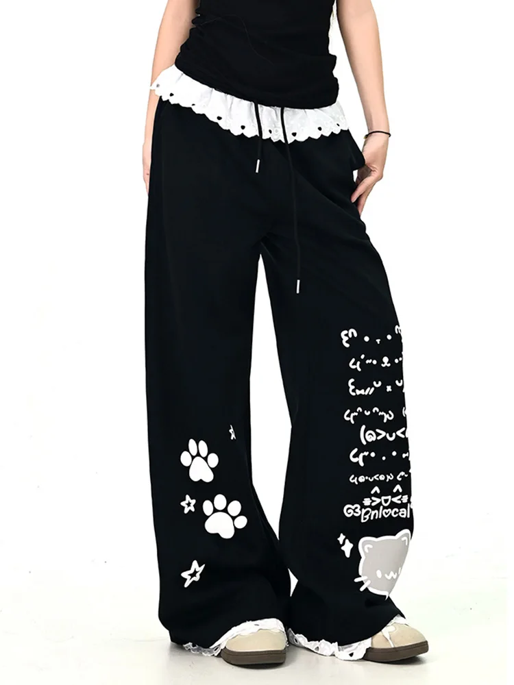 Japon doux Kawaii pantalon femmes dentelle Patchwork taille haute dessin animé jambe large pantalon Vintage mignon Preppy Style automne hiver pantalon nouveau