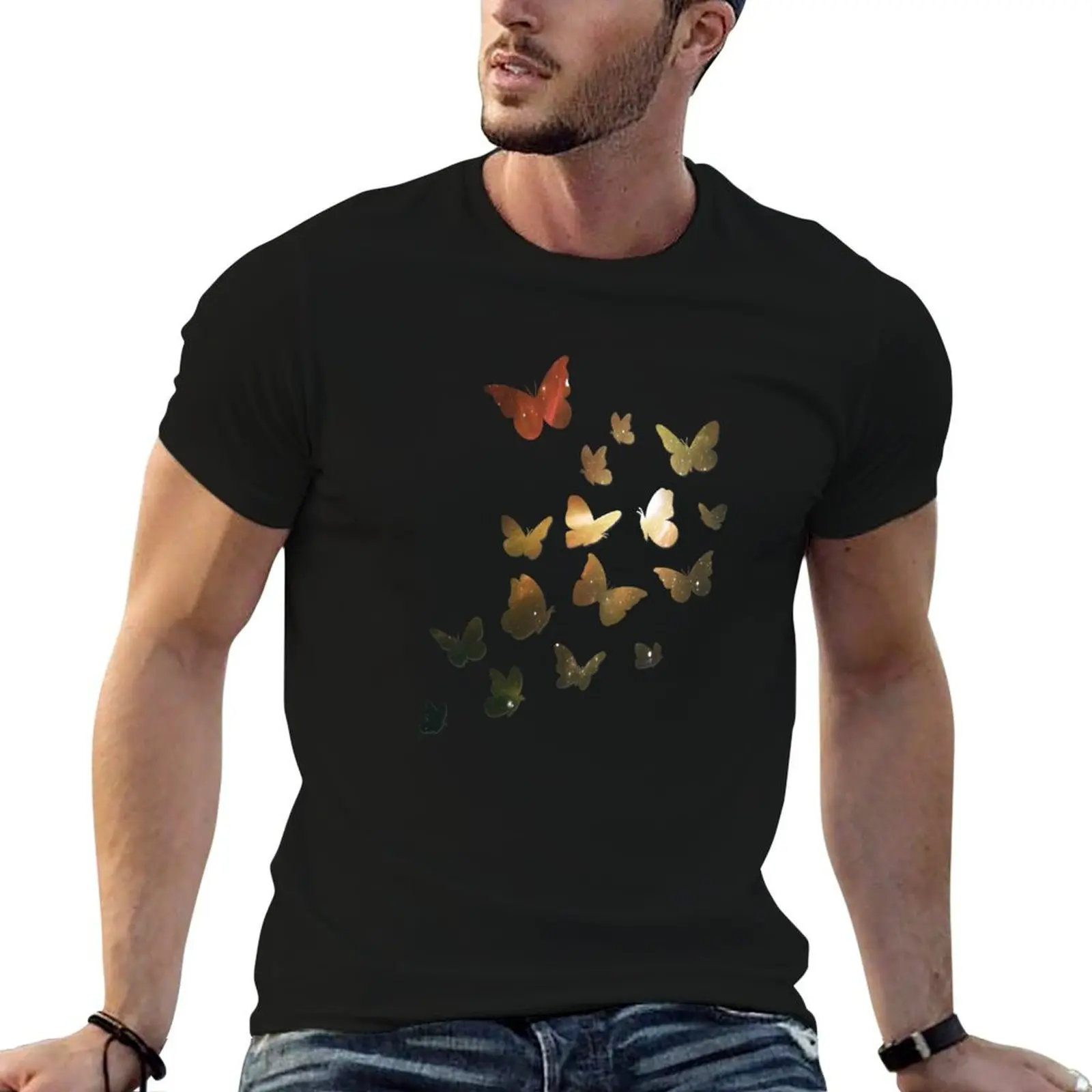Papillon, Papillons, Paillettes vert kaki, Monarch mignon, Couleur magnifique, Brillance scintillante, T-shirt sur fond noir
