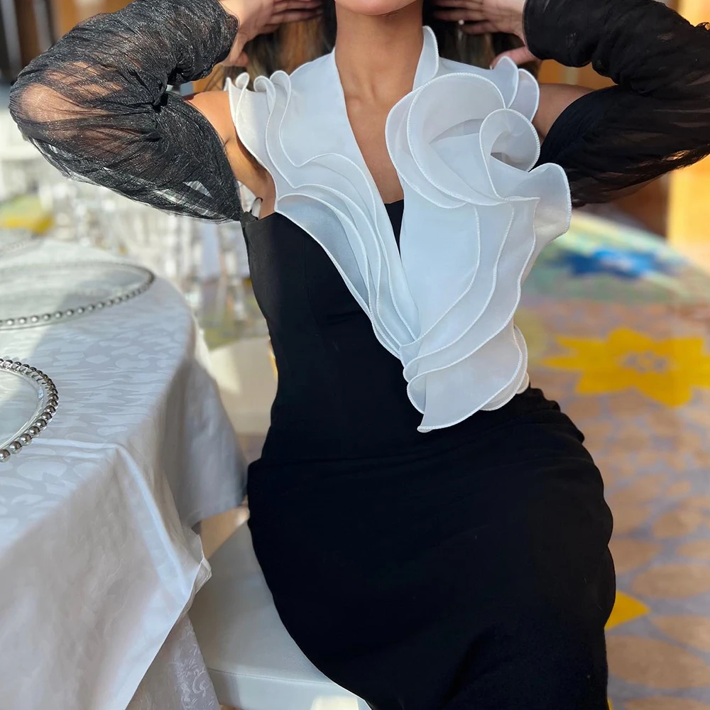 Customized Jersey Straight Off the Shoulder Ruffles Evening Dress Halter Long Sleeves Floor Length Sweep Train Photo Color