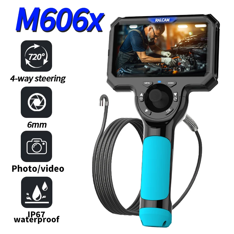 RALCAM M6 Articulating Borescope 6.2mm 4 Ways 5inch IPS Automotive Endoscope Inspection Camera with 6 Adjustable LED Lights