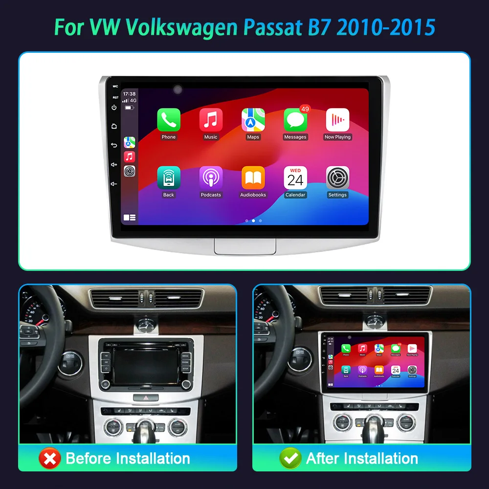Android 14 For VW Volkswagen Passat B7 2010-2015 Car Radio Wireless Carplay Navigation 4G GPS Bluetooth Multimedia Stereo Screen