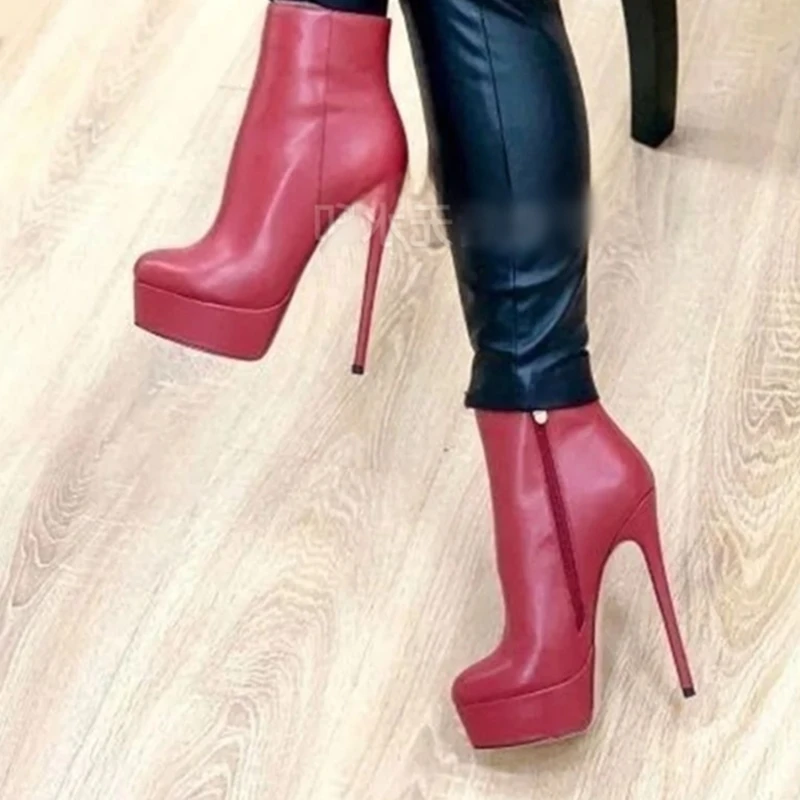 

Red Matte Leather Thin High Heel Platform Motorcycle Boots Black Suede Zipper Round Toe Short Booties