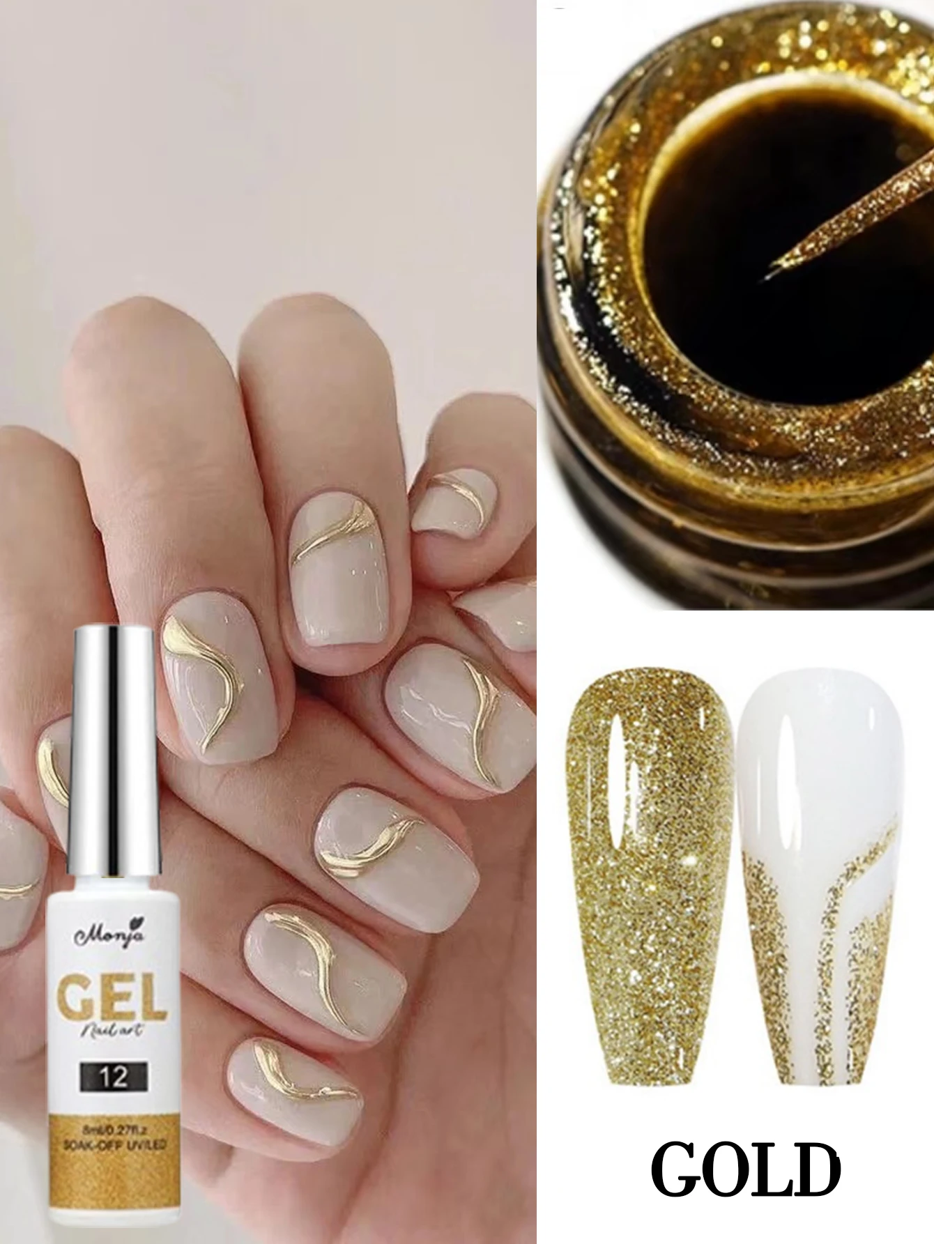 1 PCS Gel Nail Polish Liner Paint Gel Nail Polish Gold Silver Glitter Sequins Soak Off UV LED Gel French Drawing Nail