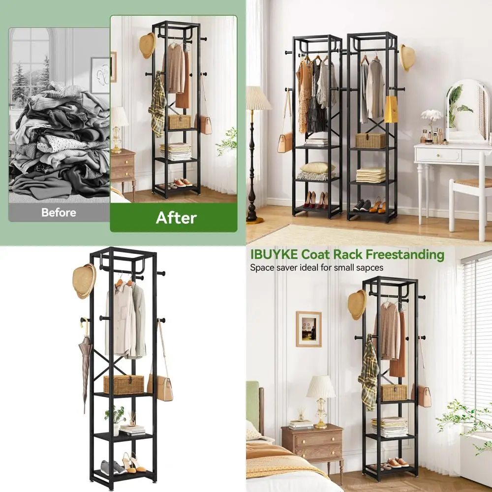 

Напольная вешалка для прихожей с 3 полками и 8 крючками – вешалка для одежды в индустриальном стиле для прихожей, коридора или спальни, черная